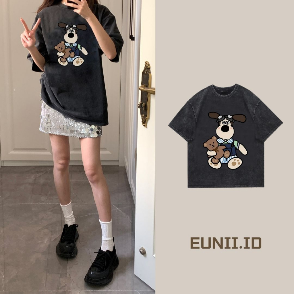 EUNII T-shirt Lengan Pendek Black Washed Cartoon Snoopy Printing Korean Style/Kaos Atasan Wanita/Baju Wanita/Kaos Wanita