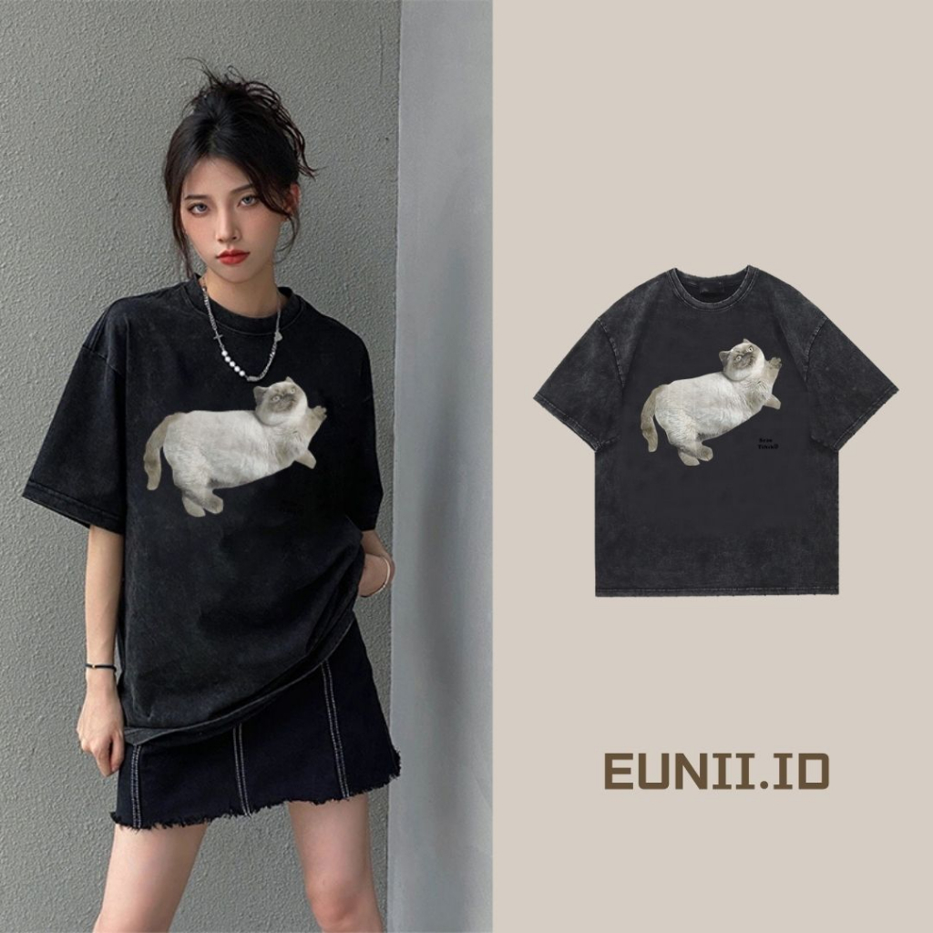 EUNII T-shirt Lengan Pendek Black Washed Cartoon Lazy Cat Printing Korean Style/Kaos Atasan Wanita/Baju Wanita/Kaos Wanita