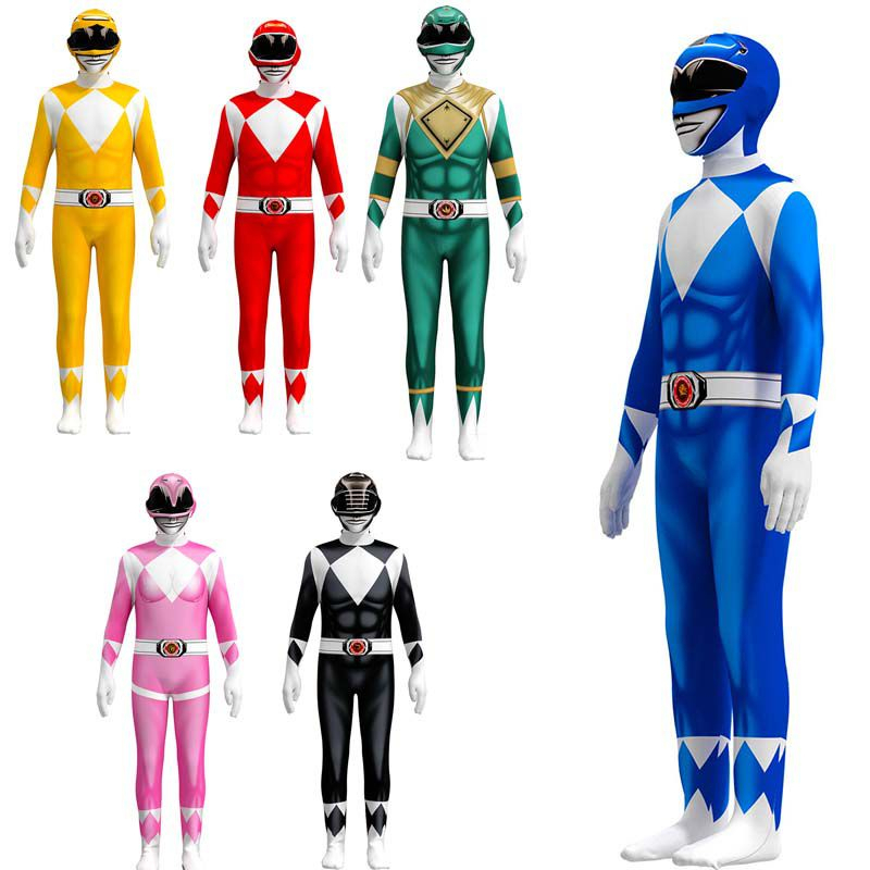 &lt;Stock ready&gt; Anak-anak Power Rangers Cosplay Bodysuit Boys Girls Superhero Jumpsuit Halloween Costume untuk 3-10 tahun