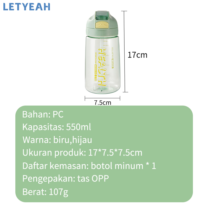 letyeah Botol minum sedotan aesthetic 550ml portabel/tempat minum anti tumpah/Bpa free