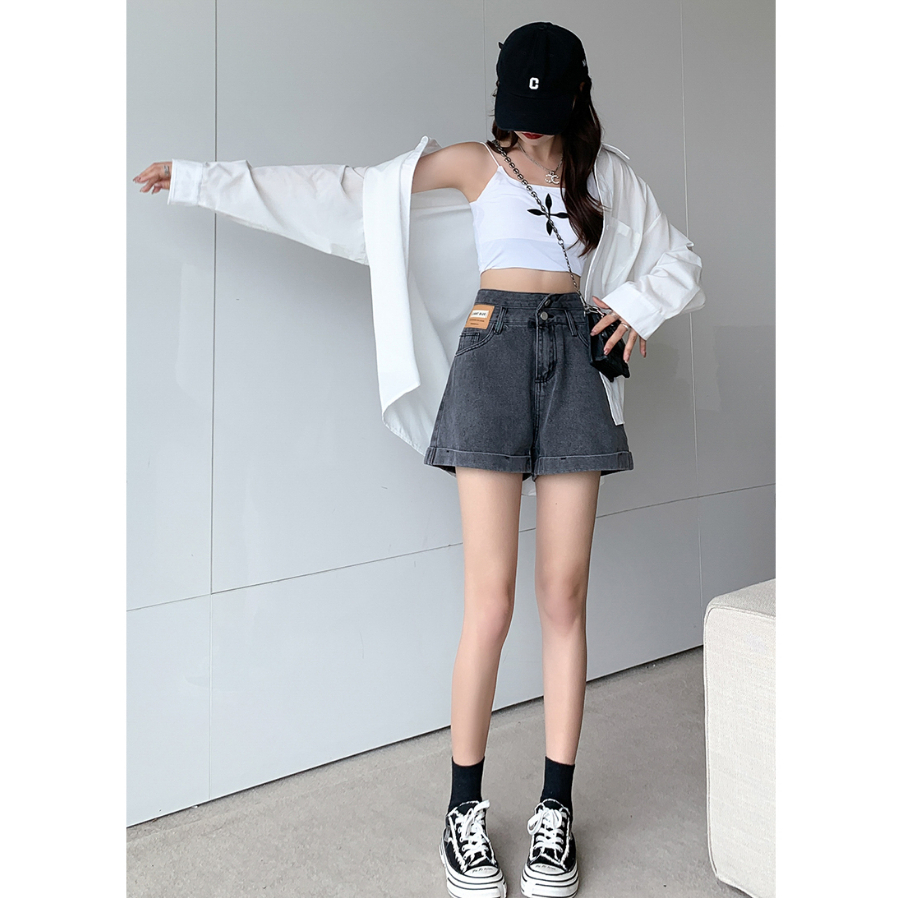 XIAOZHAINV Celana Pendek Denim Pinggang Tinggi Lurus Longgar Gaya Korea Wanita 0777