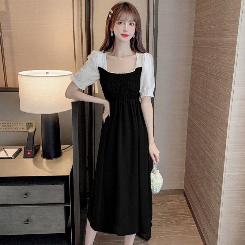 Dress Midi Square Neck Mutiara Lengan Pendek M432