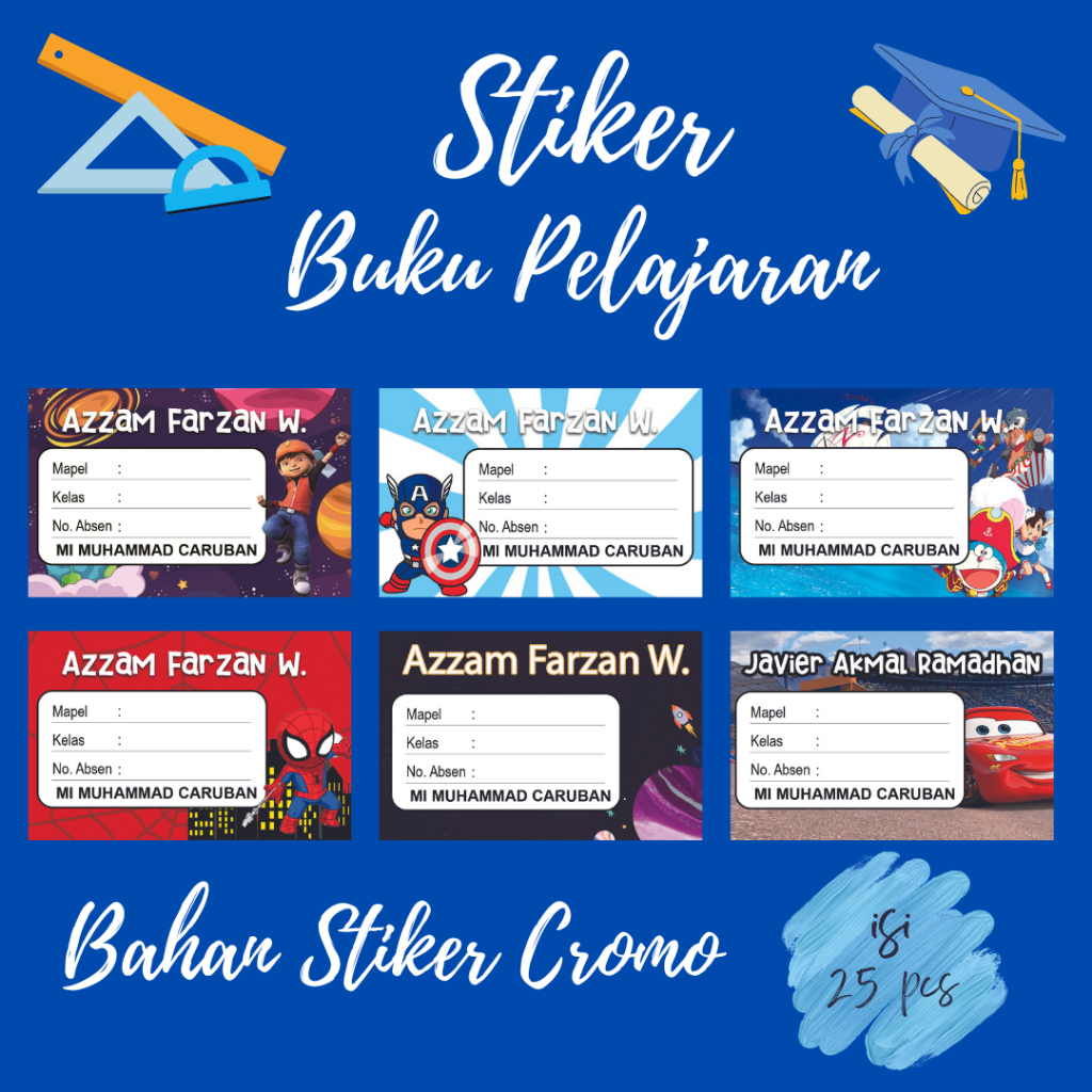 (25pcs) Stiker Mata Pelajaran Stiker Mapel Custom Nama Motif Cowok Label Buku Pelajaran