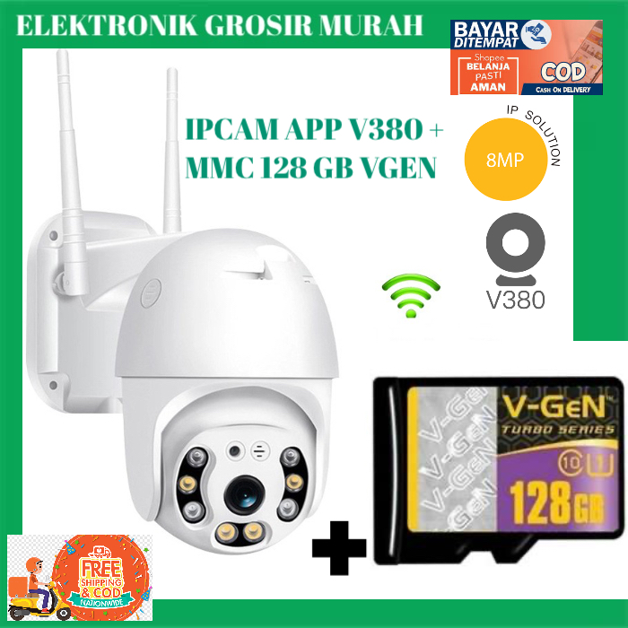 [ IPCAM V380 + 128 GB VGEN ] Ipcam Kamera cctv PTZ 2antena 8MP Uk besar 2.5 &quot; with infrared outdoor.