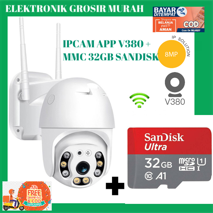 [ IPCAM 2.5 “ APP V380 + MMC 32GB SANDISK ] Ipcam Kamera cctv PTZ 2antena 8MP Uk besar 2.5 &quot; with infrared outdoor