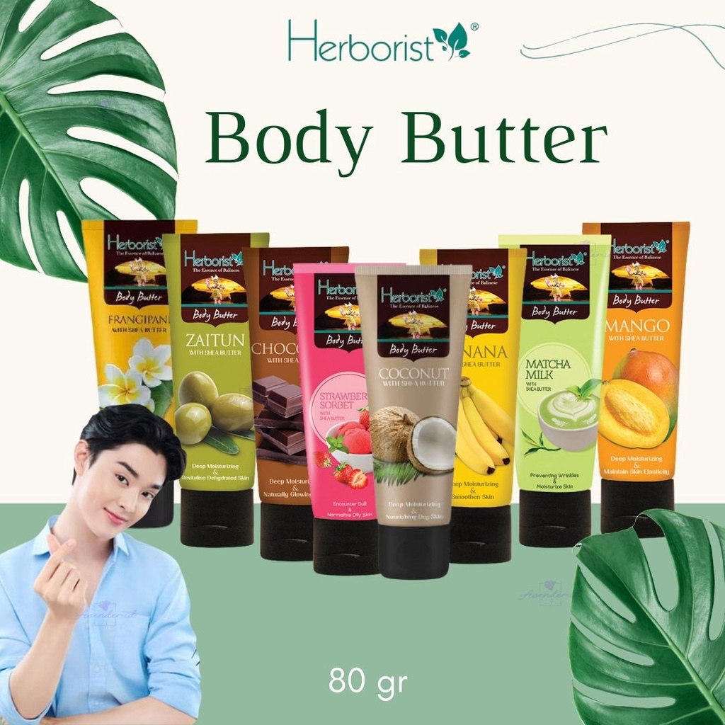 HERBORIST Body Butter Coconut Indonesia / 80g / With Shea Butter / Deep Moisturizing &amp; Nourishing Dry Skin / Melembabkan Mencerahkan Menutrisi / Strawberry Sorbet Frangipani Chocolate Zaitun Matcha Milk Mango Banana / Skincare Care Lotion Gel Scrub Tubuh