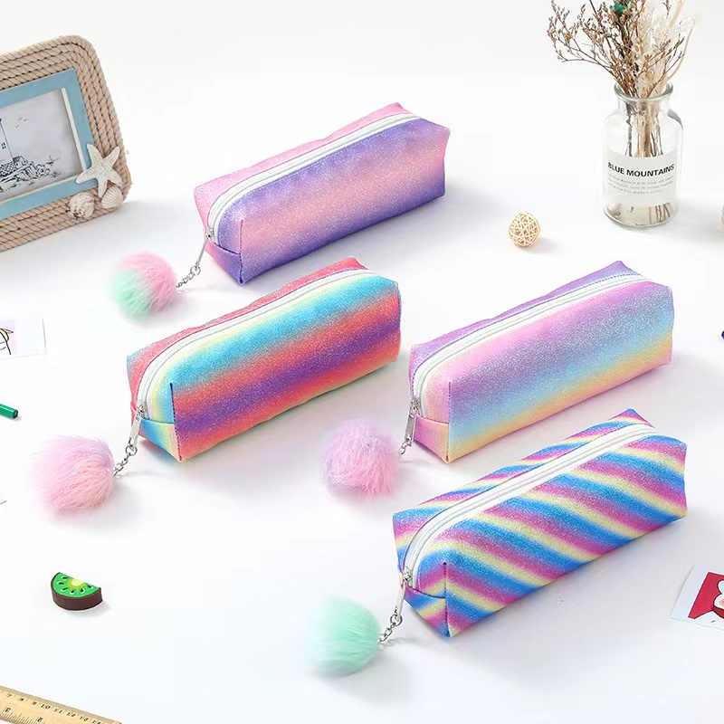 

Tempat pensil lucu baru tempat pelangi Glitter flash kapur tas mengkilap tas pensil siswa penyimpanan alat tulis tas pensil