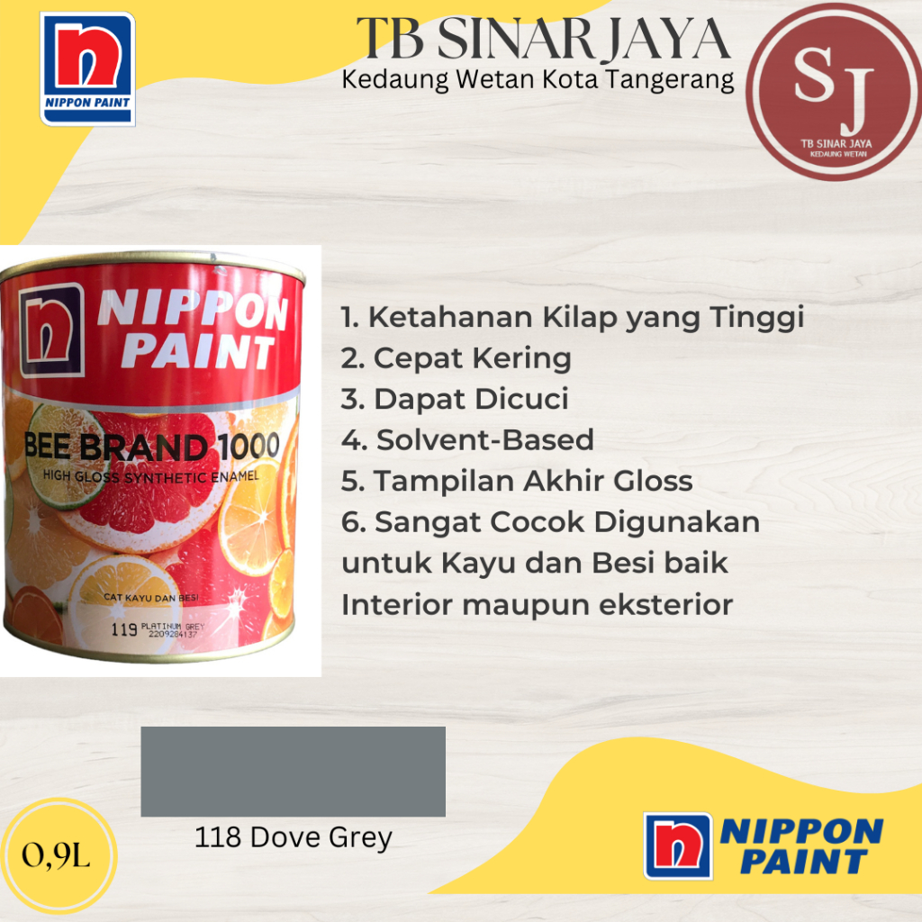 Cat Kayu Dan Besi BEE BRAND 1000 Nippon Paint 0.9L - 118 Dove Grey