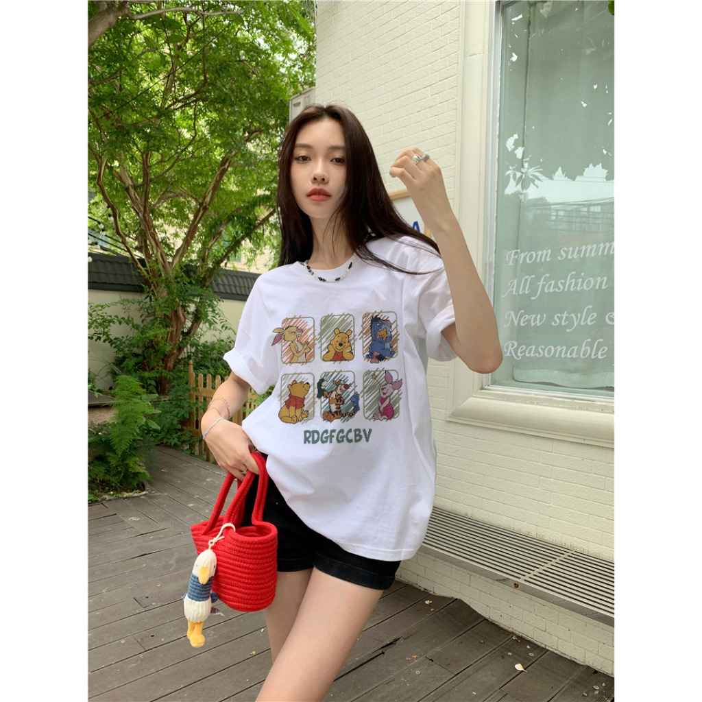 EUNII T-shirt Lengan Pendek Cartoon Winnie The Pooh Printing Korean Style/Kaos Atasan Wanita/Baju Wanita/Kaos Wanita