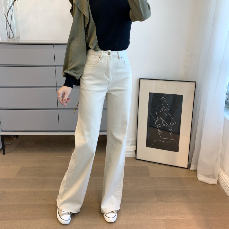 Krem Korean Highwaist Loose Celana Jeans Wanita Rawis