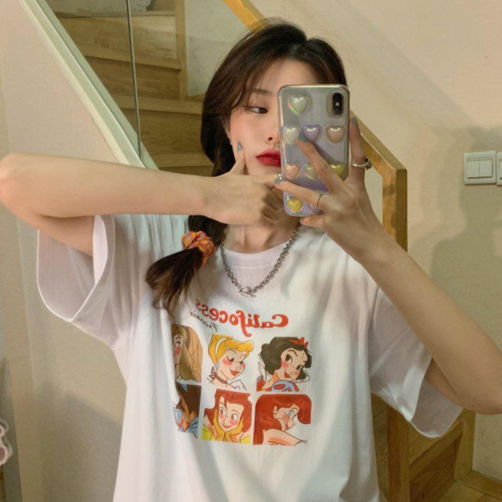 [littlecrab] Kaos Oversize Princess Family Califocess T-shirt Motif Puzzle Tuan Putri Snow White Jasmine Simple Aesthetic Couple Unisex Korean Style