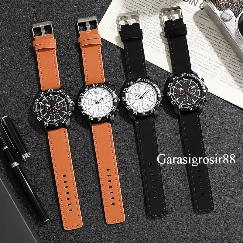 Garasigrosir88 - Jam Tangan Analog Evan Pria Strap PU Leather / Jam Tangan Pria Three Eyes Analog Qu