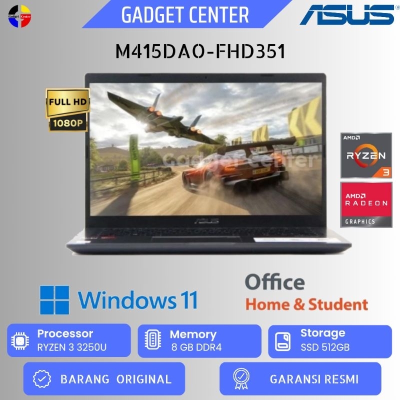 LAPTOP ASUS M415DAO-FHD351/RYZEN 3-3250/8GB/SSD 512GB/WIN11+OHS/RESMI
