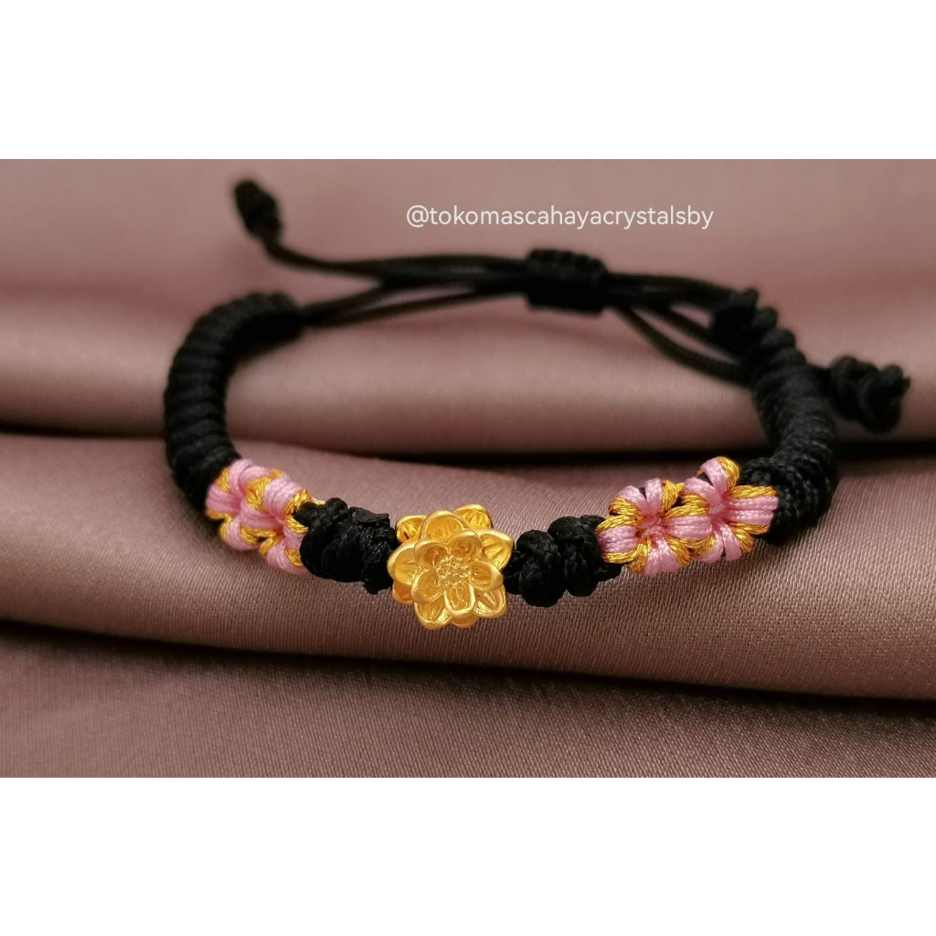 Gelang Charm Charm Lotus / Teratai Besar Emas kadar 24k HK Hongkong 999% 999 &amp; Gelang Tali Serut