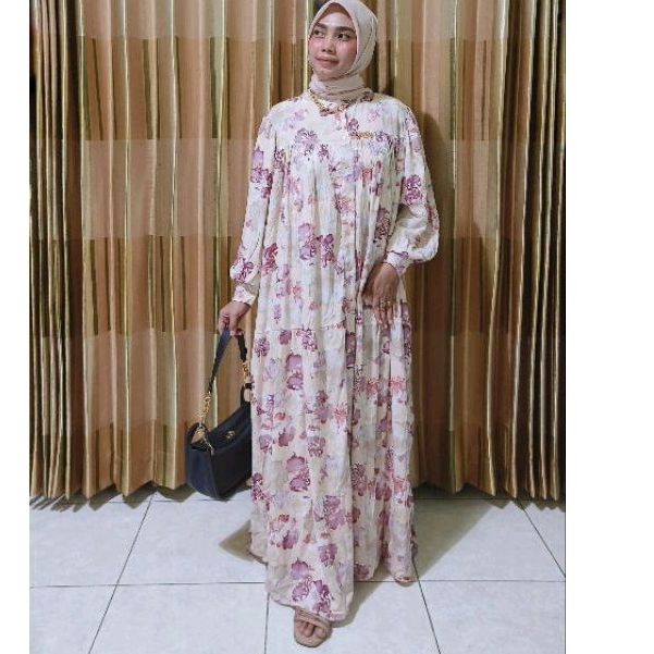 SR Gamis Rayon Freesize Motif Bunga Lengan Balon