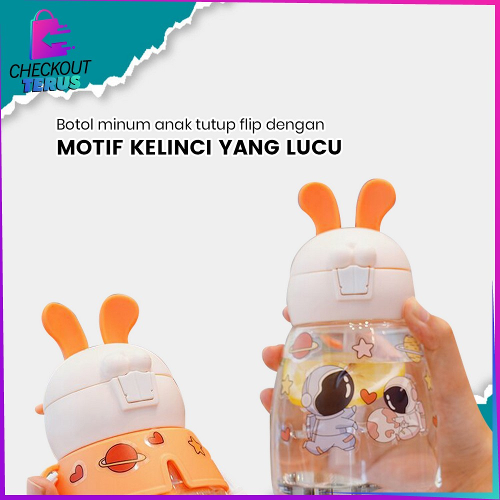 CT C829 Botol Minum Anak 550ML Motif Kelinci Tempat Minum Anak dengan Sedotan Botol Air Minum Bunny Anak Tali Panjang Anti Tumpah