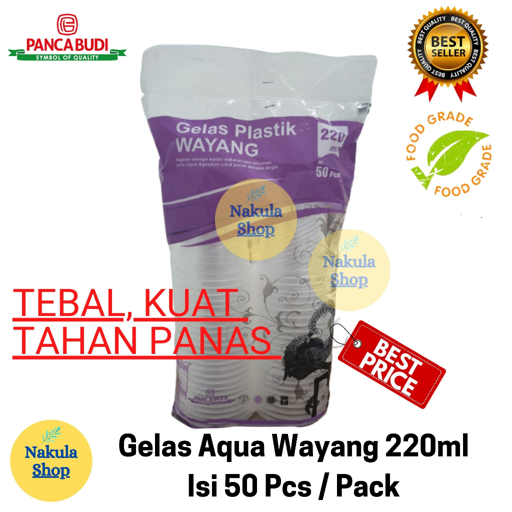 Gelas Plastik Aqua Merk Wayang - 220 ml isi 50 Pcs