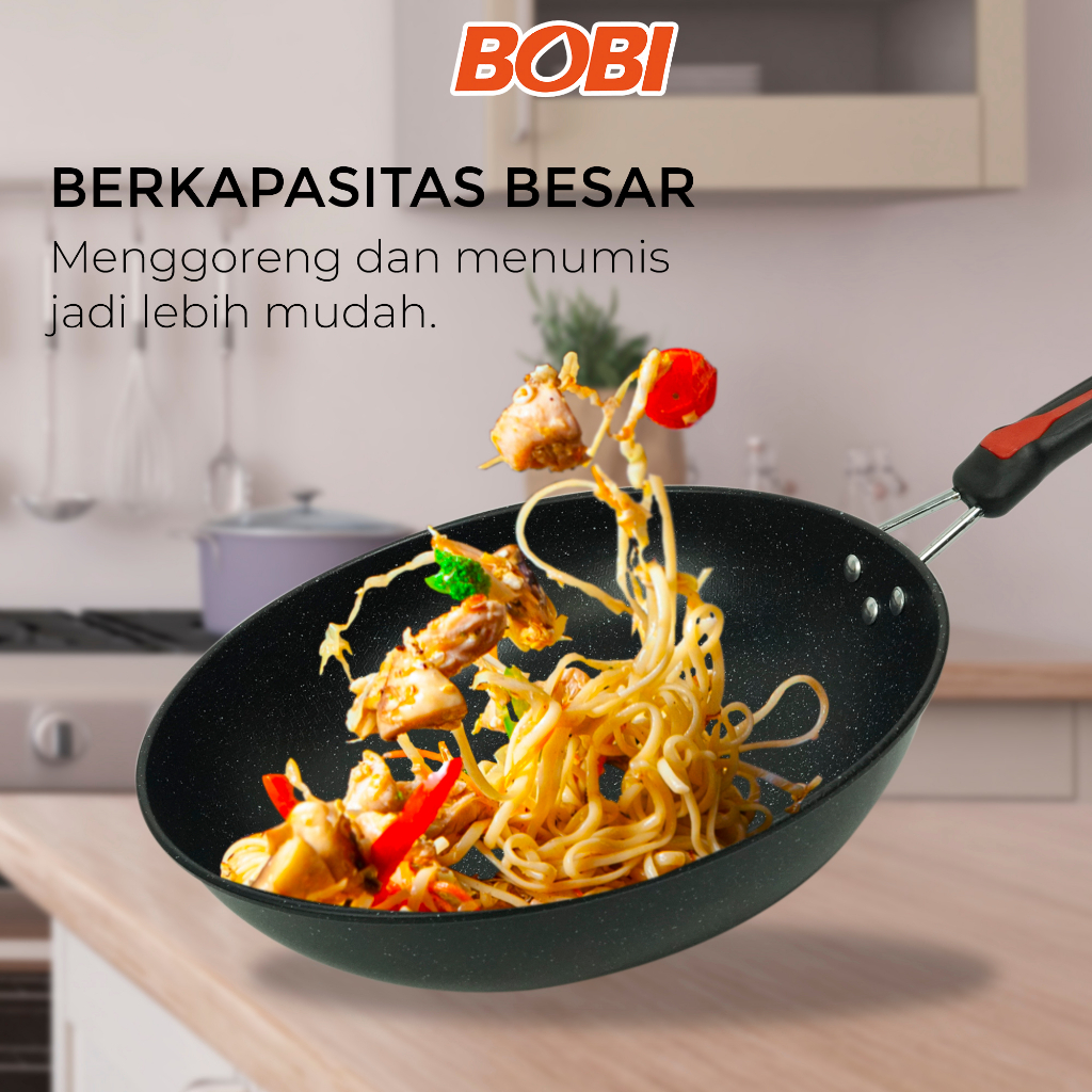 Teflon Panci Penggorengan 31 cm / Wajan Penggorengan Anti lengket Wok Pan / Teflon Praktis Bobi - Warna Random