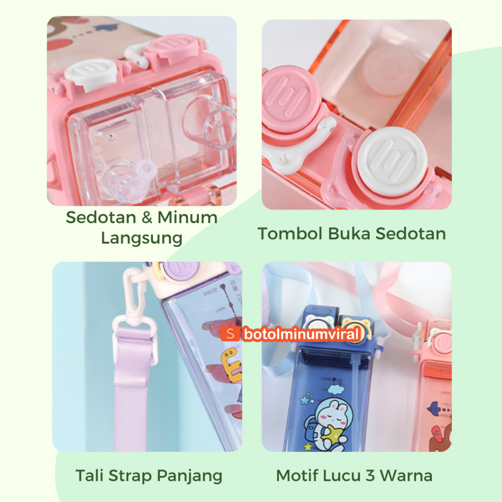 Botol Anak Sedotan Tali Anti Tumpah Sekolah TK SD Karakter Animal Lucu
