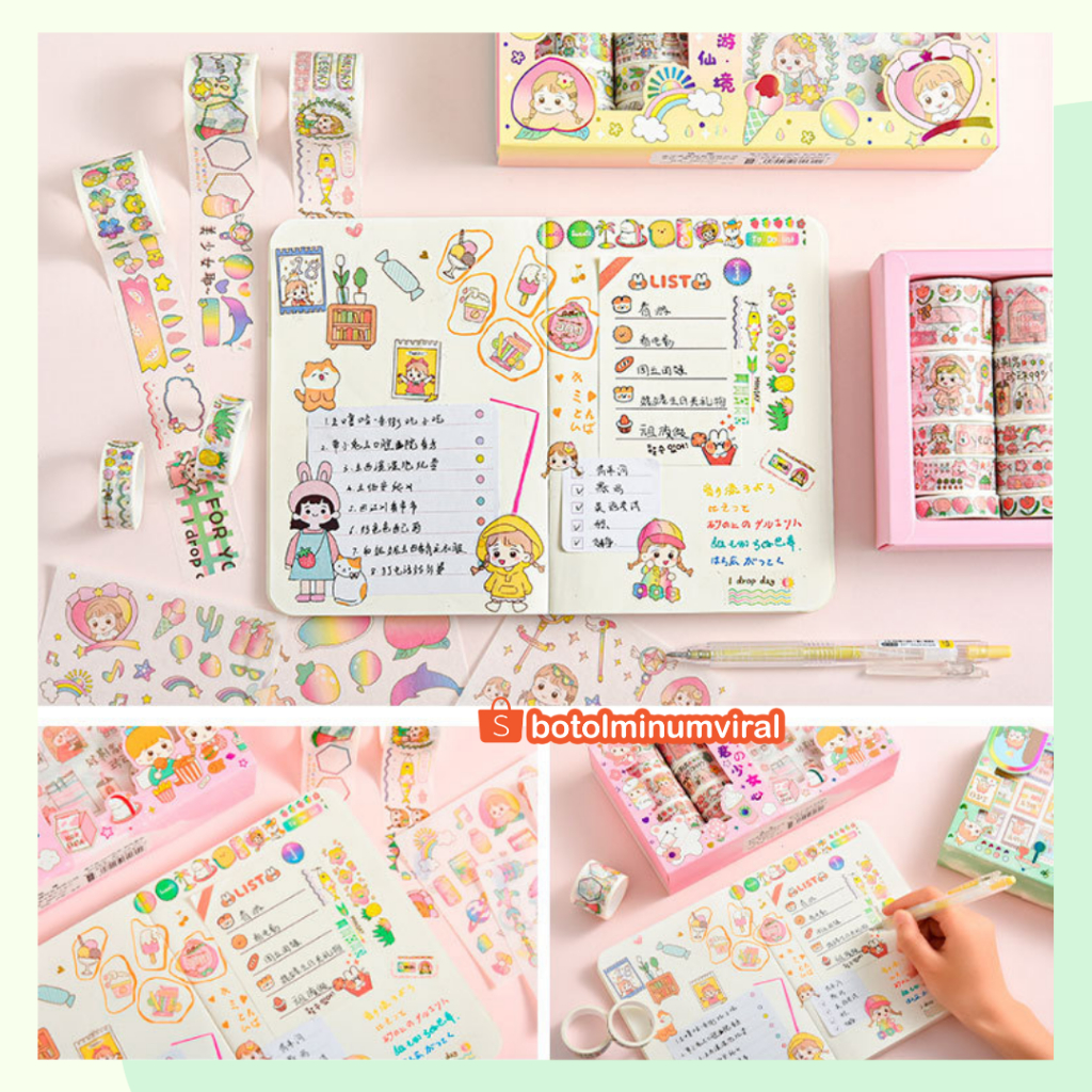 Washi Tape Sticker Momo Roll Set Box Aesthetic Korea Cute Stiker Viral