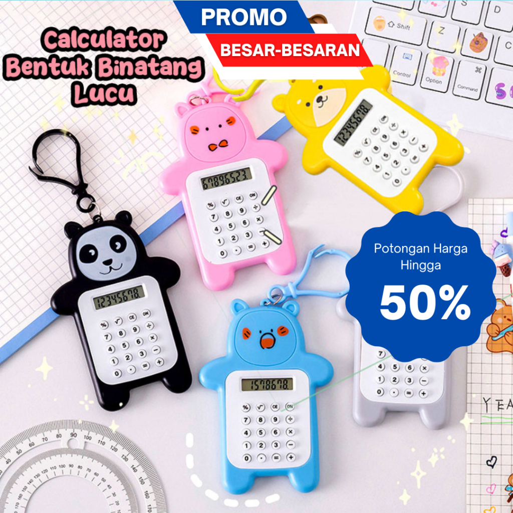 Kalkulator 8 Digit Mini Portable Desain Kartun Beruang Dengan Tombol Karet Untuk Pelajar