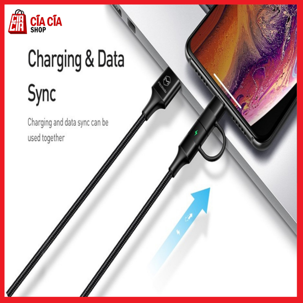 MCDODO CA-6800 Kabel Charger Usb To Type C + Lightning Cable 2 In 1 Led QC 4.0 Fast Charging 3A Kabel USB Lightning + Type C