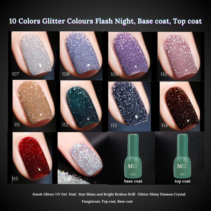 【 COD 】15pcs Kutek Gel Flash Night Glitter UV LED/Soak Off Gel Polish/Nail Polish Gel Art/Cat Kuku 10ml/15ml