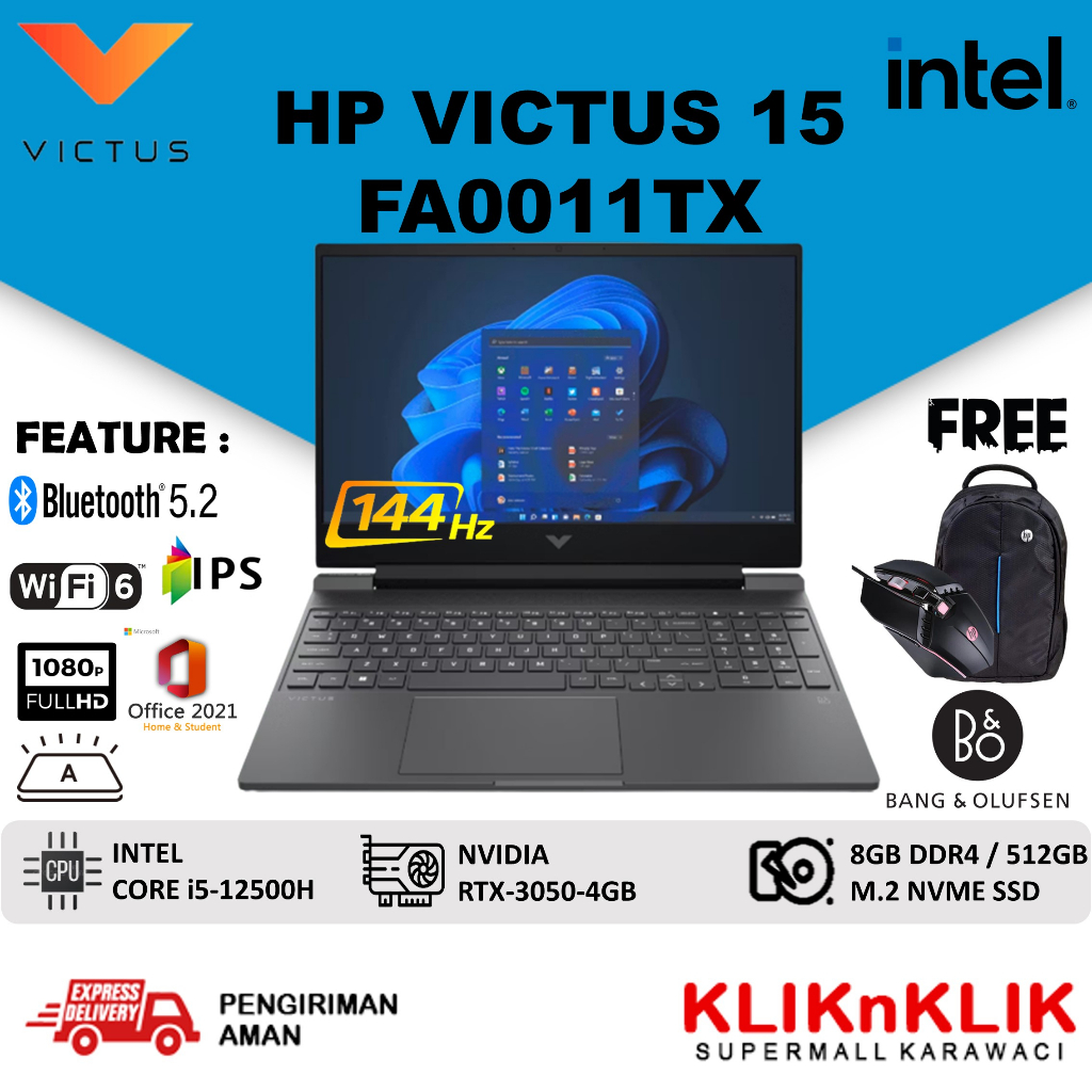 HP VICTUS 15 FA0011TX INTEL I5 12500H 8GB 512GB SSD RTX3050 144HZ WINDOWS 11 OFFICE OHS