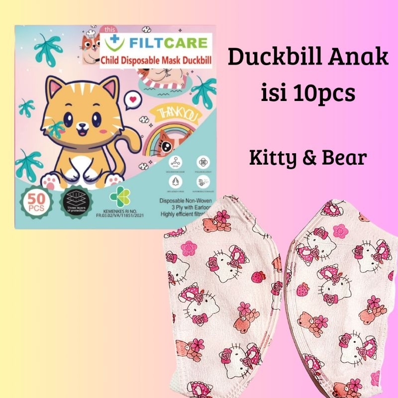 MASKER DUCKBILL ANAK ONCARE MOTIF KITTY BEAR ISI 10PCS 3-10TAHUN