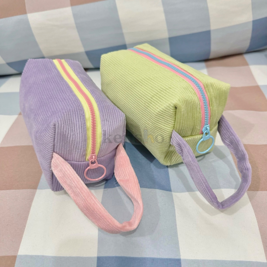 KENSHO Kotak Pensil Sleting Motif Corduroy Handle Pastel / Pouch Makeup Aesthetic / Tas Aksesoris Wanita Lucu Import / Zipper / Plain