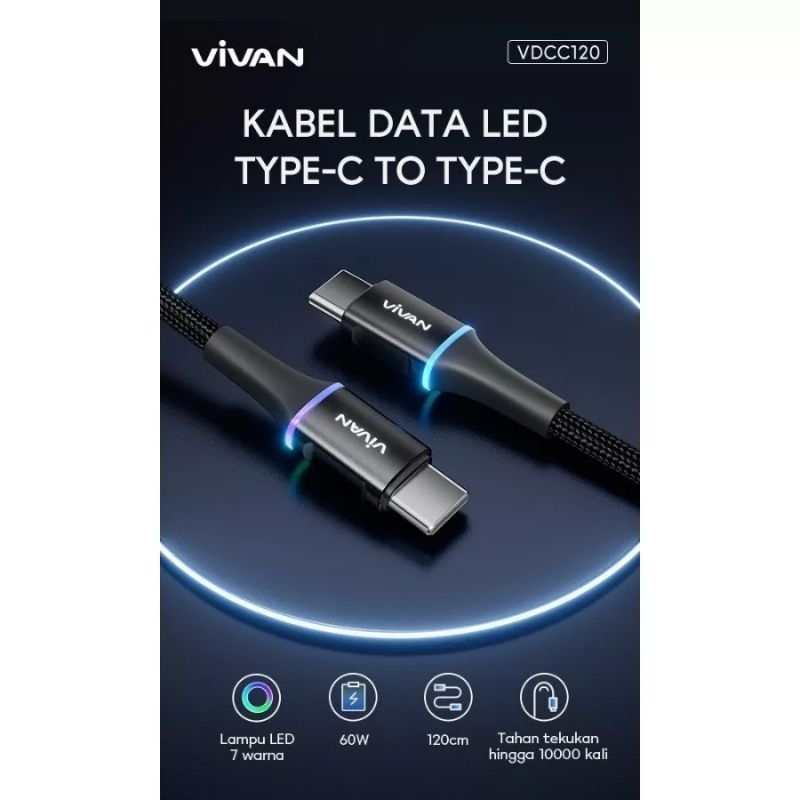 Vivan VDCC120 VDCL120 Kabel Data Quick Charge Lightning 27W Type-C 60W 120cm