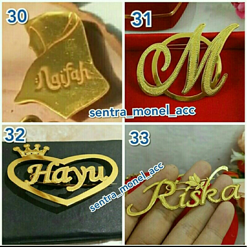 Bros nama custom / peniti hijab kerudung / pin nama lapis emas anti karat