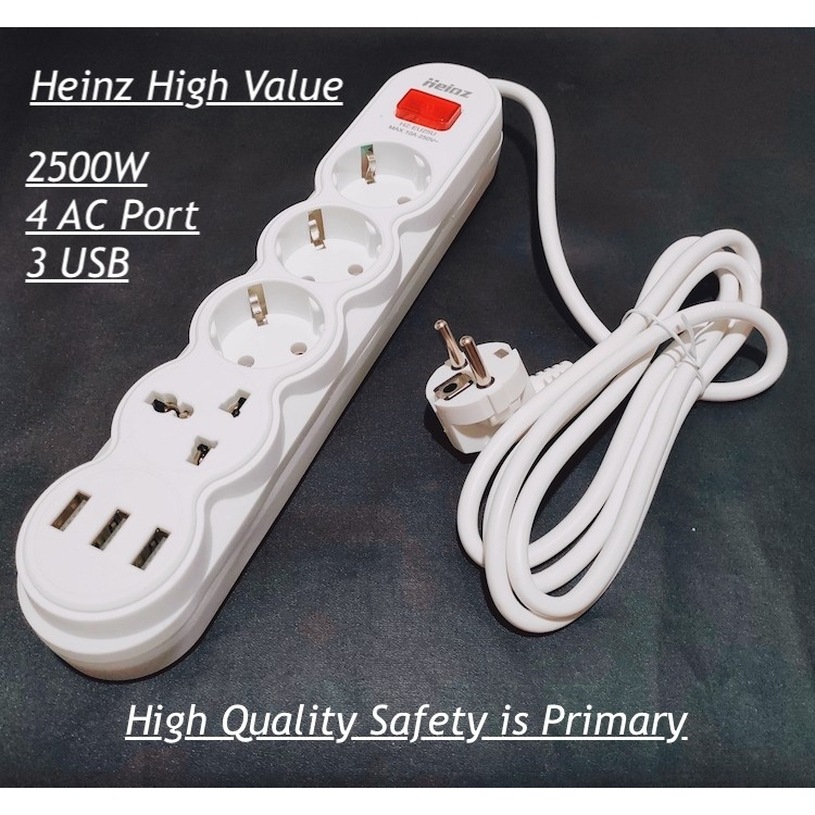 Heinz HighValue 1.8M Power Strip Stop Kontak 4 Power Socket 3 USB Port