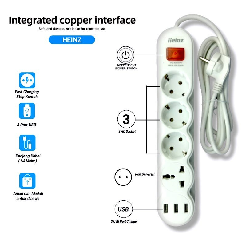 Heinz HighValue 1.8M Power Strip Stop Kontak 4 Power Socket 3 USB Port