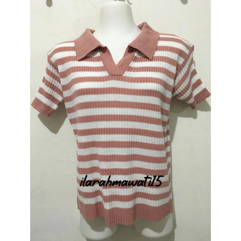 Atasan rajut kerah polo motif salur/vneck croptop blouse rajut