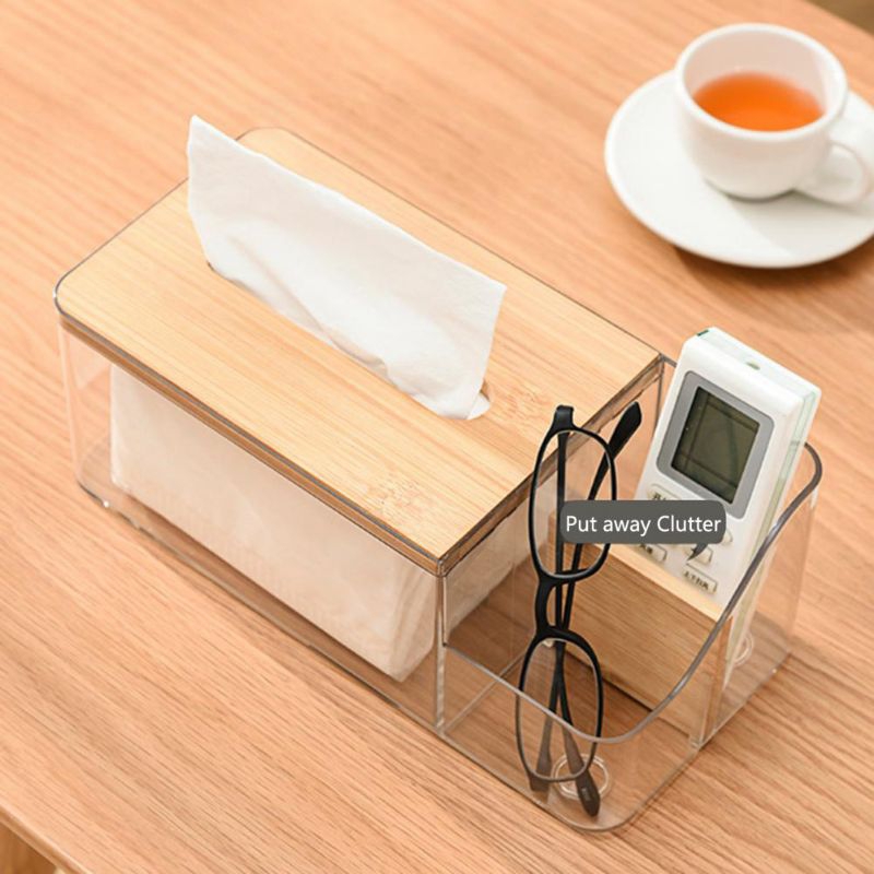 Kotak Tempat Tisu Kayu Serbaguna Tissue Box Organizer + Tempat Remot Dan Kaca Mata