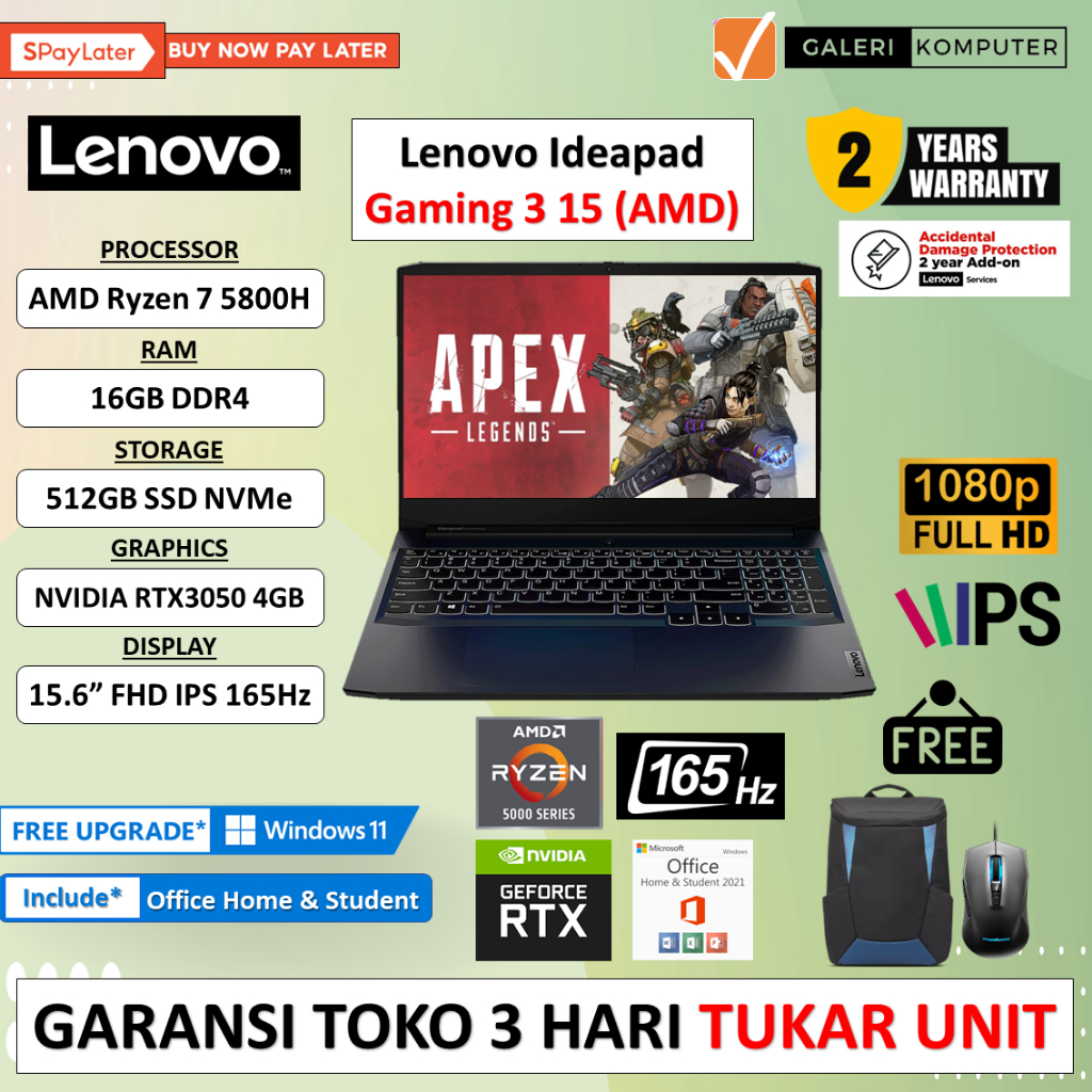 Lenovo Ideapad Gaming 3 15ARH7 AMD Ryzen 7 5800H 16GB 512GB RTX3050 FHD 165Hz Win11+OHS