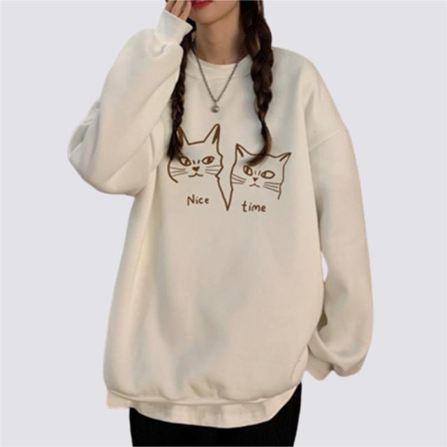 XiaoZhaiNv Sweater Oversized Wanita Nice Time Cats Pattern Lengan Panjang Korean Style