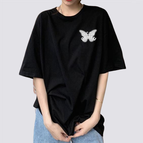 XiaoZhaiNv Kaos Atasan Oversize Wanita White Butterfly Pattern Lengan Pendek A0500