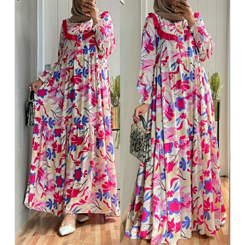 Maudy Maxy, GAMIS MOTIF BUNGA KANCING BUSUI BAHAN RAYON VISCOSE PREMIUM CANTIK MODIS FIT XL LD 106 TERMURAH TERLARIS OOTD KEKINIAN