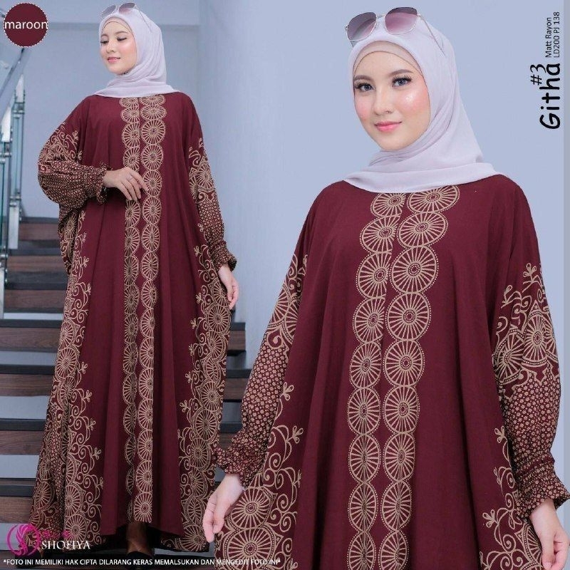 Kaftan Wanita - Daunda Kaftan Size Jumbo XXXXL Motif Daun Lengan Panjang Busui Resleting by Nadira_Fashion / Gamis Rayon Jumbo Kaftan Terbaru-Sari marun