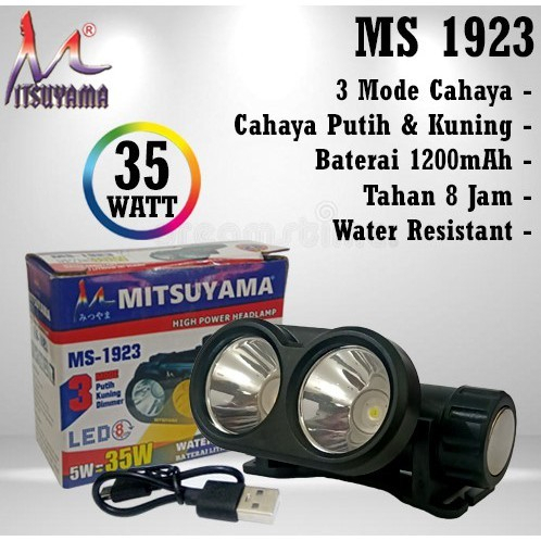 COD Senter Kepala Mitsuyama MS-1923 Putih Kuning Dimmer Headlp Mitsuyama