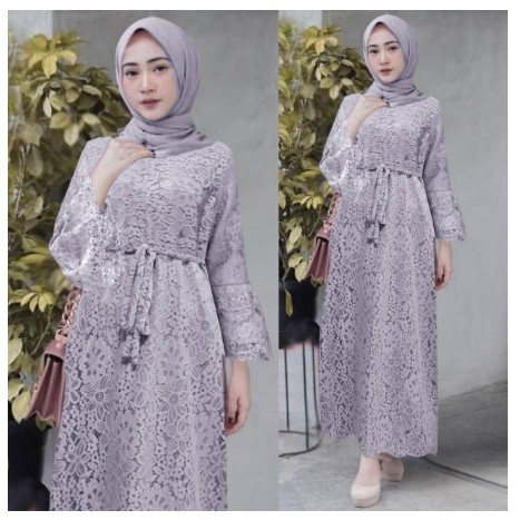 Gamis Yasina Maxi Dress Brukat Tulang Cornely dengan Tangan Terompet - Allsize Fit M-XL / Warna Silv