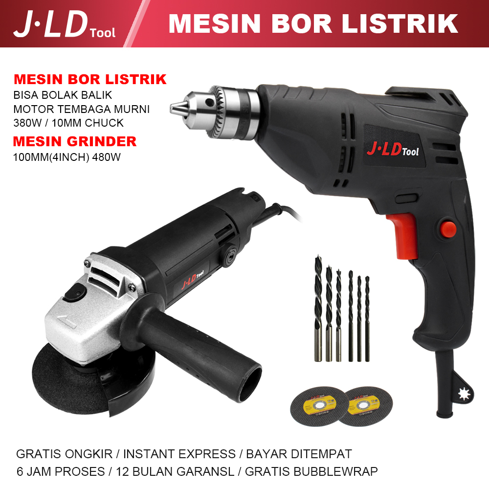 JLD Mesin Bor listrik 10mm J10-3 + JLD Gerinda 4Inch J9954C [PAKET 2ITEM] Electric Drill 10mm  mesin gerinda tangan murah bor tangan listrik