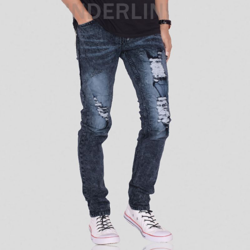 Celana Jeans Sobek Tidak Tembus Lutut pria Ripped robek panjang distro bikers model pensil slimfit cowok skinny stretch denim dewasa murah premium remaja standart