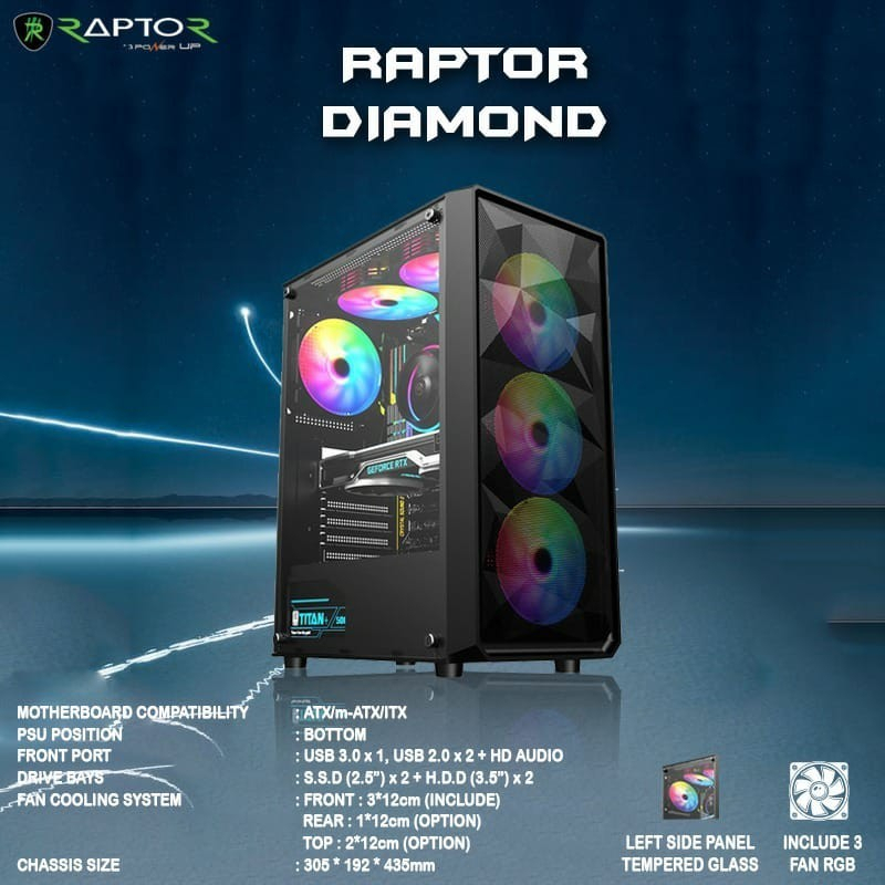Casing Gaming PC Power Up Raptor Diamond Atx / Micro-Atx Free 3 fan RGB With Tempered Glass