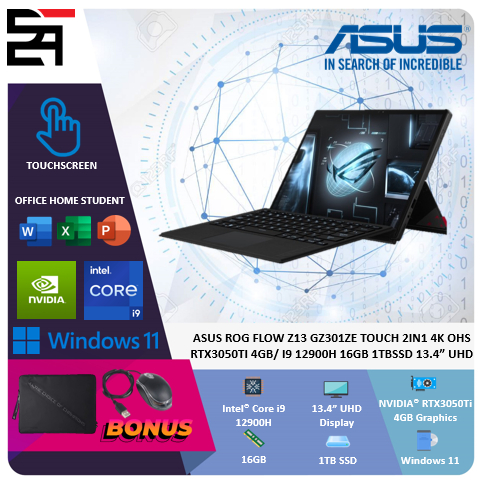 Asus Rog Flow Z13 GZ301ZE 2IN1 Touchscreen 4K RTX3050TI-4GB i9 12900H 16GB 1TB SSD W11+OHS 13.4 Inchi UHD