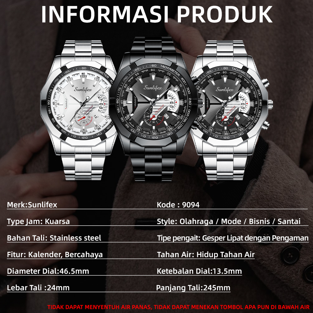 SUNLIFEX  9094  Jam Tangan Pria Anti Air Original Luxury Stainless Steel (Jam tangan+kotak+ kartu garansi+manual)