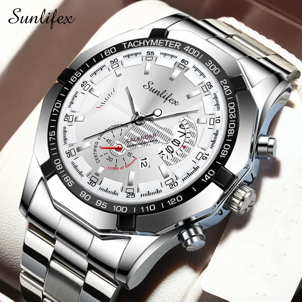 Sunlifex Jam Tangan Pria 9094 Original Kuarsa Kalender Tali Stainless Steel Jam Tangan Cowok(Kotak + Kartu Garansi)-SilverWhite