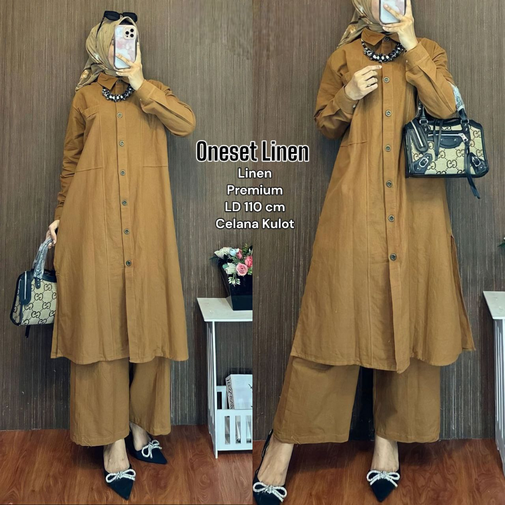 Shella One Set Wanita Tunik Linen Premium Setelan Wanita Lengan Panjang Set Tunik Celana Kulot Kekinian LD 110 cm